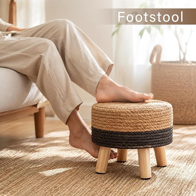 Wimarsbon Round Foot Stool Natural Seagrass Poufs Ottoman Hand Weave Footrest Stool for Couch Desk Extra Seat Step Stool with Solid Wood Legs for Hallway Patio Lounge Black