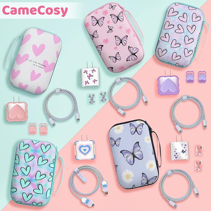 Cute Phone Charger Storage Case cover Set Pink Butterfliy flowers Carrying Bag with Cable Protector Cord Organizer,Cable Chomper,Charger Saver Lightning Compatible for iPhone