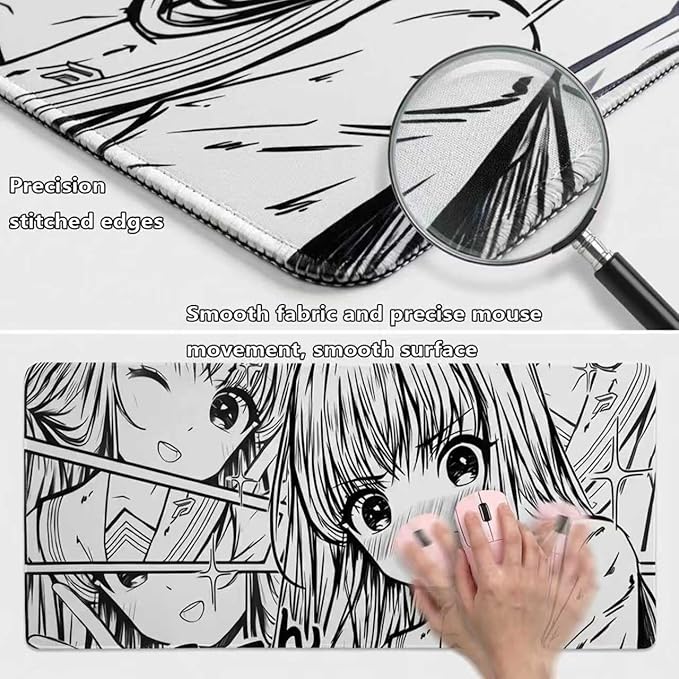 XXL Anime Girl Mouse Pad Black White –Super Thick Large Manga Girl Desk Mat 31.5x15.7 – Non-Slip, Water-Resistant, Stitched Edges – Aesthetic Japanese Gaming Mat 800X400X4mm