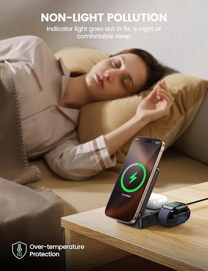 Lamicall 3 in 1 Charging Station for Apple Devices, Foldable Wireless for MagSafe Charger Stand for iPhone 17/16/15/14/13/12, Apple Watch & AirPods, Compact Travel Charging Station with Cooling