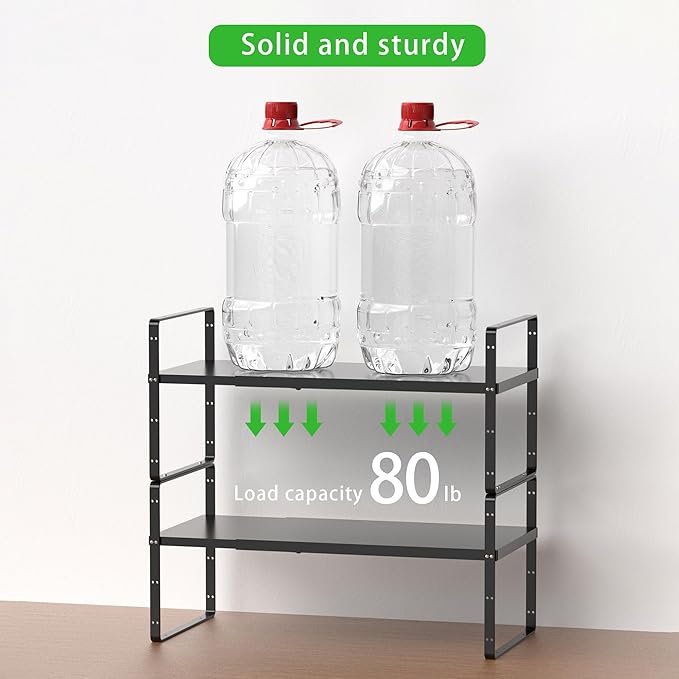 Expandable Cabinet Storage Shelf Stackable Organizer Rack for Kitchen Bathroom Pantry Spice Cupboard Countertop Home Office Desk Heavy Duty Nonslip Black Small 2 PACK