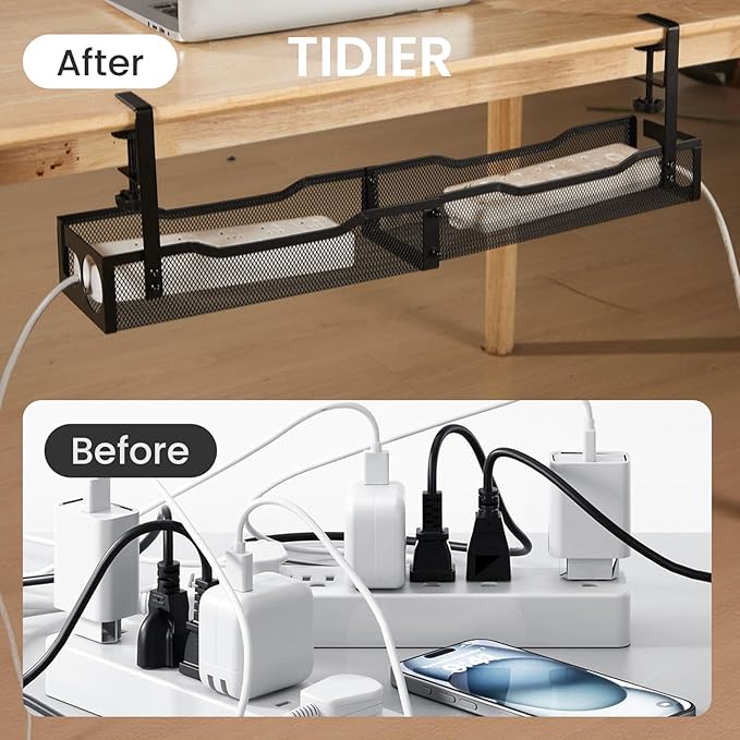 25'' Cable Management Under Desk No Drill，Metal Desk Organizer Suitable for Home desks or Standing desks ，Electrical Cord Management with Clamp