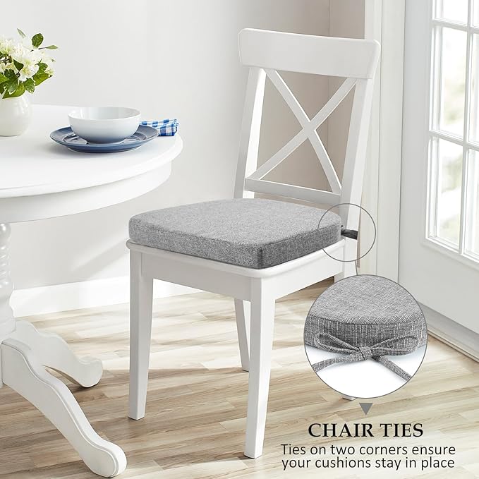 Wellsin Chair Cushions for Dining Chairs 6 Pack - Kitchen Chair Cushions with Ties and Non-Slip Backing - Dining Chair Pads 16"X16"X2", Light Gray