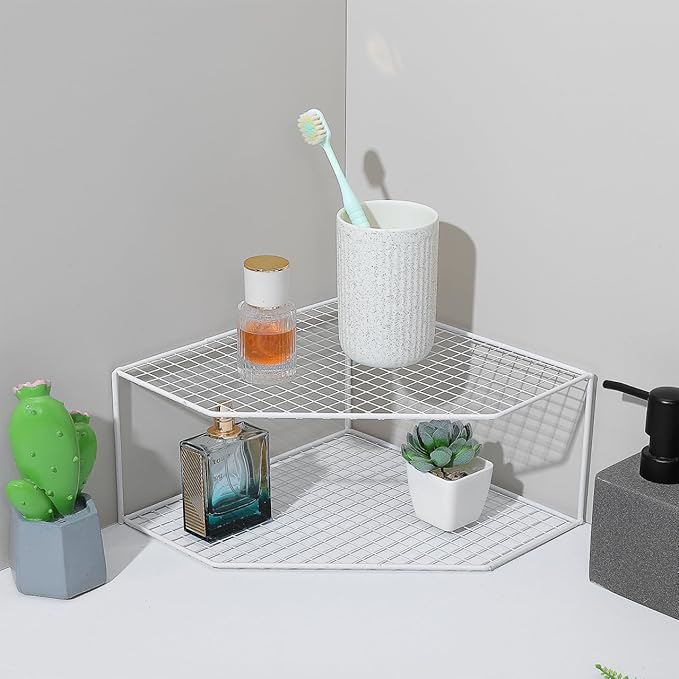 Beavorty 2-Tier Corner Storage Shelf Cabinet Organizer Corner Stand Rack Countertop Shelf Storage for Dishes and Plates Kitchen Cabinet Pantry Cosmetics Makeup Organization 12cm White