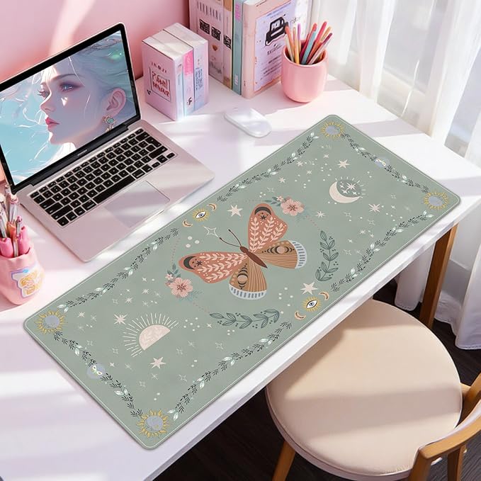 DINKY Leather Desk Pad, Green Butterfly Laptop Computer Desk Keyboard Mat, Table Protector Blotter Mat, Non-Slip Large Mouse Pad for Office/Work/Home 35.4" x 15.7"