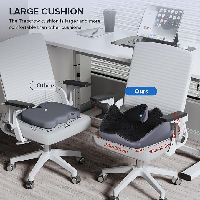 Office Chair Cushion, Large Breathable Ergonomic Seat Cushion – Pressure Relief for Tailbone/Sciatica/Back Pain from Long Sitting, Memory Foam Pad for Desk Chairs, Office Chairs & Long Trips