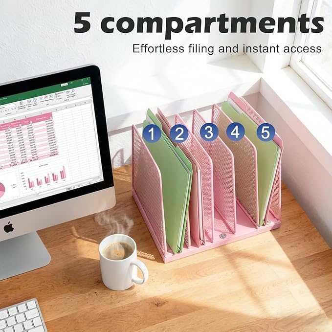 AUPSEN 5-Section File Organizer for Desk, Wood Mesh Desktop File Organizer, File Sorter Storage Rack, Vertical Folder Holder for Files, Magazines, Books (Pink)