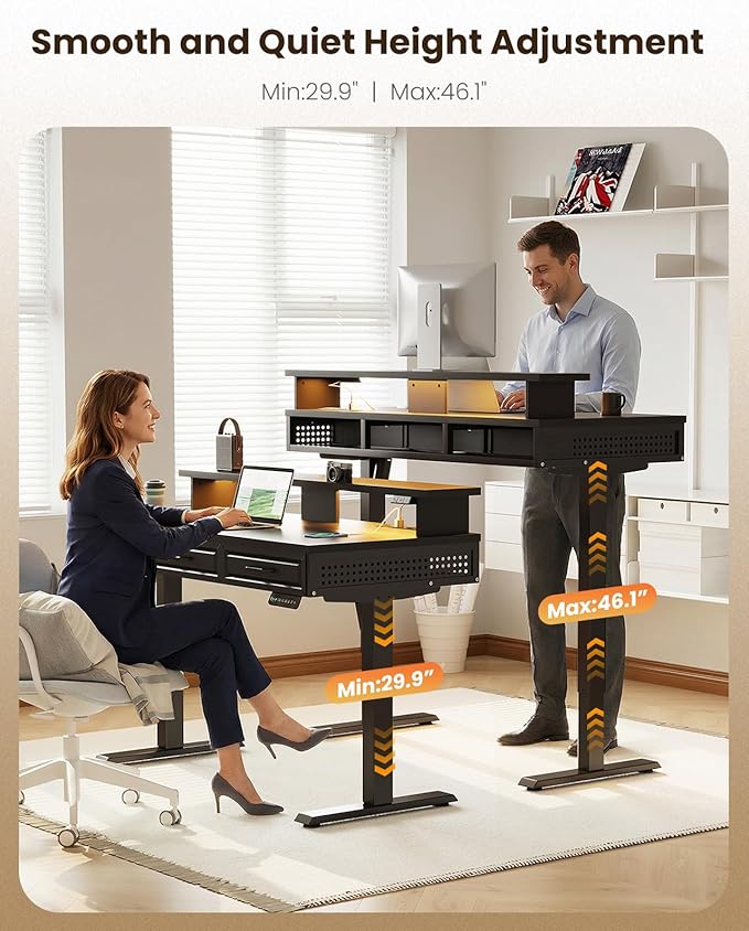 OffiGo Electric Standing Desk with 3 Wooden Drawers, 48 Inch Height Adjustable Desk with Power Outlets & LED Lights, Black Sit Stand Table with Monitor Stand for Home, Office, Workstation