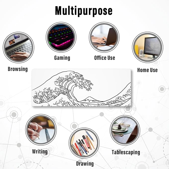 Ovenbird Gaming Mouse Pad with Stitched Edges, Japanese Wave White Extended XL Mousepad with Anti-Slip Base, Cool Large Mouse Pad for Desk, 31.5 x 11.8 in, White