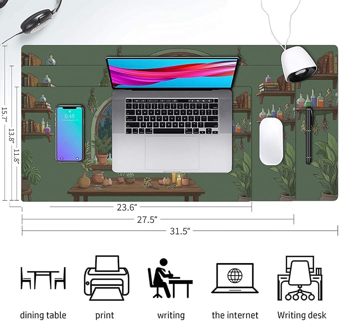 Cute Desk Mat, Green Rainy Night Large Mouse Pad for Desktop, PU Leather Waterproof Desk Pad, Anti-Slip Computer PC Laptop Protector Gaming Mouse Pads for Office Home Decorations (27.5" x 13.8")