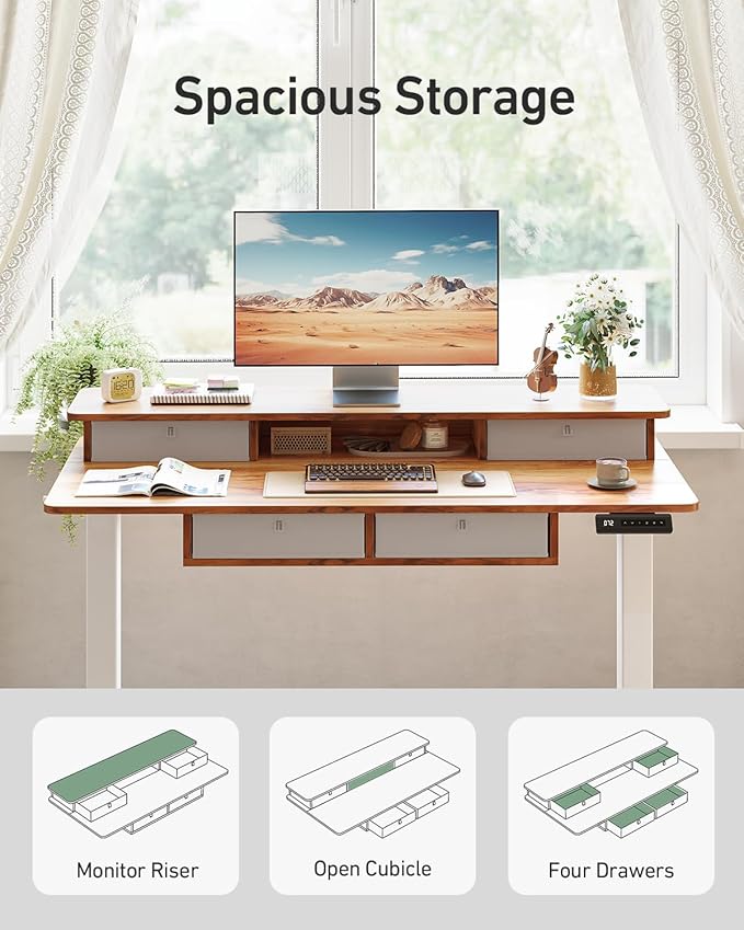 FEZIBO 48 x 24 inch Standing Desk with Drawers, Height Adjustable Electric Workstation, Computer Sit Stand Up Table with Large Storage Shelf 4 Drawers and 2 Hooks, Light Rustic Brown