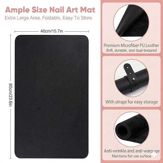 Nail Art Table Mat, (Mat Only) Foldable Hand Rest Manicure Pad, Soft Microfiber PU Leather Arm Rest Pad for Acrylic Nails, Nail Polish Mat for Nail Tech Salon Home, Black