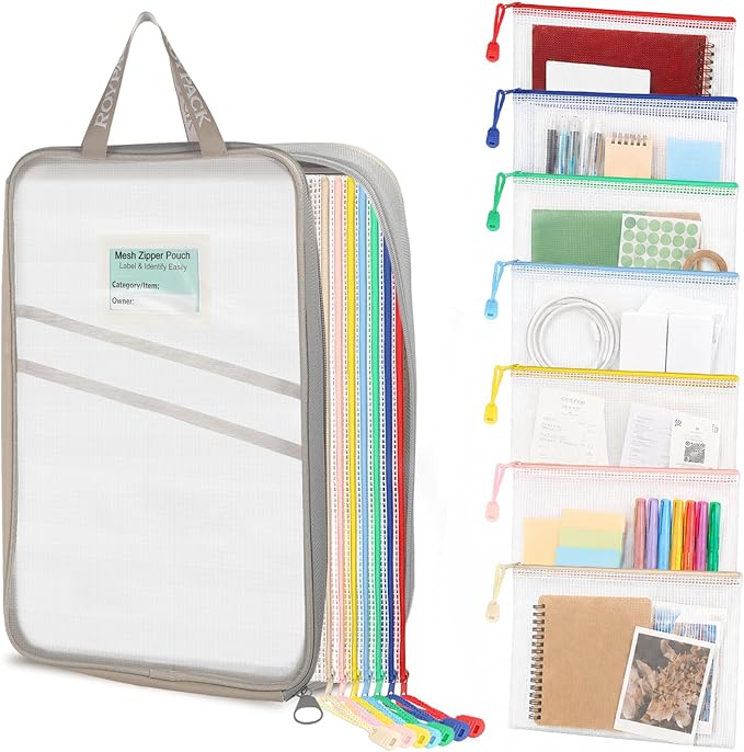 7-Pack Mesh Zipper Pouch with 1 Organizer Bag, A4 Size (13x9.4) Clear Waterproof File Bags, Fits 14 Inch Laptop, Professional Office & College Organizing System (8pcs)