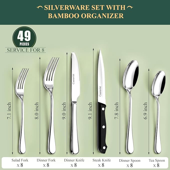 49-Piece Silverware Set with Bamboo Drawer Organizer, Heavy-Duty Stainless Steel Flatware Set for 8, Cutlery Sets with Steak Knives, Mirror Polished & Rust-Proof,Dishwasher Safe