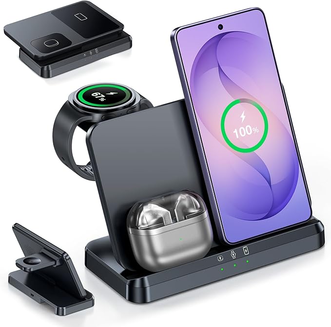 Wireless Charger for Samsung – 3 in 1 Wireless Charging Station for Galaxy S26 Ultra S25 S24, Z Fold Flip 7/6, Detachable Watch Charger for Galaxy Ultra 8/7/6, Foldable, Fast Charging, No Adapter