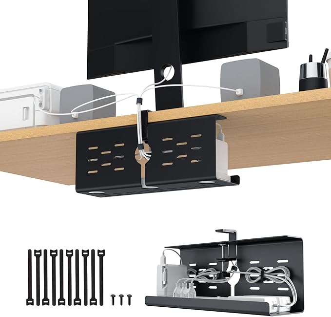 KEEGH 16'' Under Desk Cable Management Tray, No Drill Clamp Mount, Sturdy Metal Cable Tray for Power Strip, Cord Management Tray for Home Office, Gaming Desk, Standing Desk, Black, 1 Pack