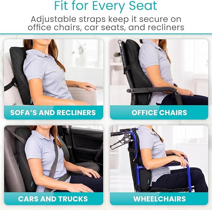 Vive Full Lumbar Cushion - Memory Foam Contour Support for Lower Back Pain - Ergonomic Pressure Relief for Office Chair, Car - Large Mesh Orthopedic Seat Backrest Roll for Improving Posture (Black)