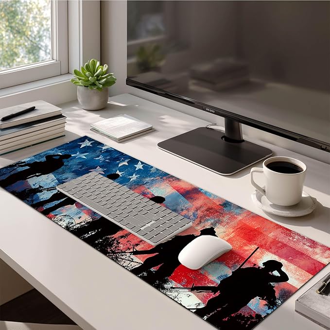 HOMETITUTE XL Mouse Pad 31.5 x 11.8 Inch Patriotic American Flag Soldier Silhouette Desk Mat Large Extended Keyboard Mat Computer Desk Pad Non Slip Waterproof Mouse Pads Gaming Office