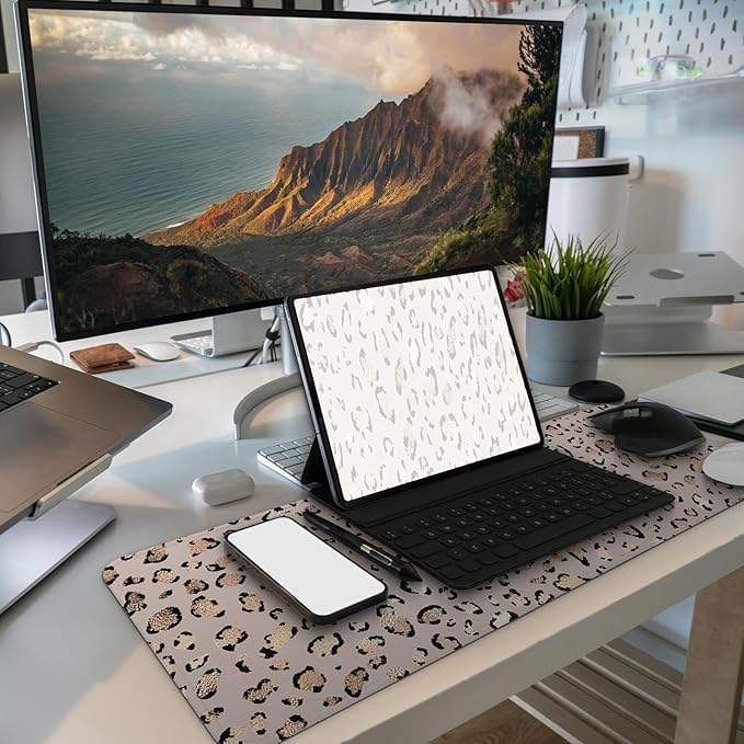 MAY FLOWER Gaming Mouse pad, Large Laptop Mousepad, Full Keyboard Mat, Long Computer Mouse Mat for Home and Office, Anti-Slip Rubber Base, 31.5 x 11.8 Inches (Leopard Print)