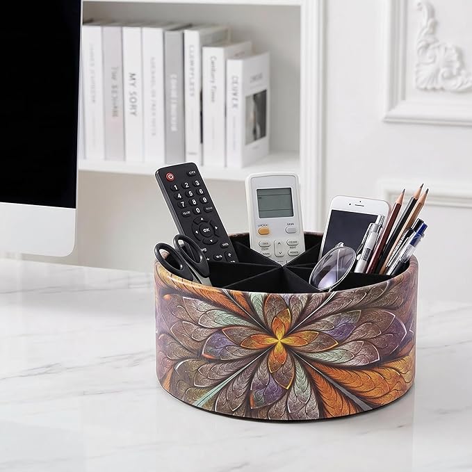 lizimandu Remote Control Holder, 360°Spinning PU Leather Desk TV Remote Caddy,Desk Storage Box Room Accessories for Controller, Media,Mail,Calculator, Mobile Phone,Pencil(1B-Orange Flower)