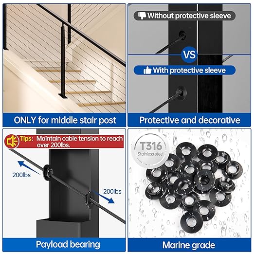 Muzata 20 Pack 1/8" 30 Degree Angle Wheel Black Cable Railing Grommets ONLY for Angle 1/8" 5/32" 3/16" Wire Rope T316 Stainless Steel Protector Sleeves Deck Cable Railing Hardware Kit Metal Posts CR79