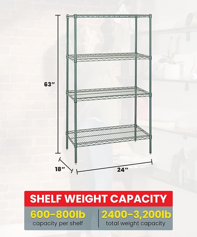 Quantum Storage Systems WR63-1824P Wire Shelving Starter Kit, 24" W x 18" D x 63" H, 600 lbs Capacity, Carbon Steel, Epoxy Coated, Green, NSF