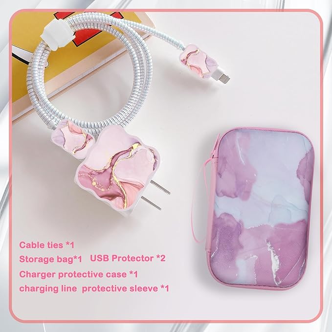 CameCosy DIY Phone Charger Cover Storage Sets USB Earphone Wire Saver Cable Organizer with Travel Storage Bag, Soft Cute Cable Protector Cord Organizer Compatible for iPhone(Pink Marble)