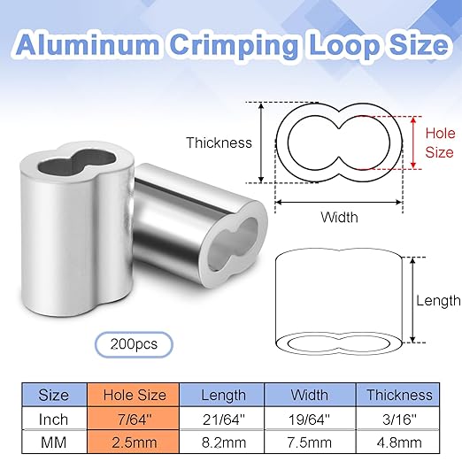 CooBigo 200Pcs 5/64""Cable Crimp Sleeves, Aluminum Wire Rope Crimping Loop Sleeve. Cable Ferrules for Cable and Wire Rope Crimp Double Barrel Crimp Sleeves (M2-5/64"")