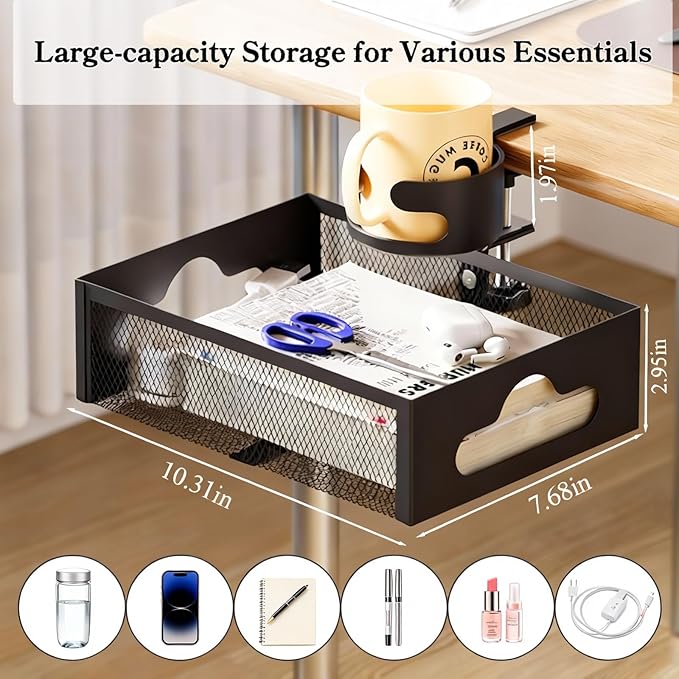 Clamp-On Under Desk Organizer with Cup Holder, 360° Rotating Mesh Drawer with Cable Hole, No-Drill Desk Drawer Organizer for Gaming Desk Accessories, Office Supplies, Coffee Mug, Dorm(2 in1)