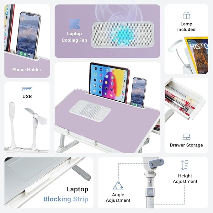 iXTRA Laptop Lap Desk Include Cooling Fan,Adjustable Lap Desk with Light Fan,Folding Laptop Desk for Bed with USB,Bed Desk with Storage Drawer 60x40cm,Purple