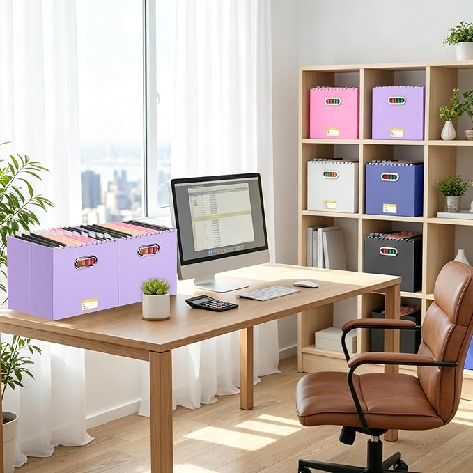 BALEINE File Organizer Box, Cardboard File Folder Organizer with Handle for Letter Size, Portable Collapsible Hanging Filing Box for Home Office Document Storage (1 Pack, Large Lavender)
