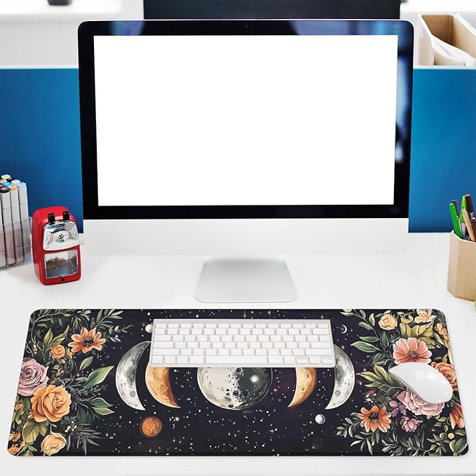 Moon Phases Desk Pad Mouse Pad Boho Celestial Floral Astrology XL Mouse Pad Large Mousepad Extended Laptop Keyboard Mat Gaming Desk Pad Mouse Mat 31.5"x11.8"
