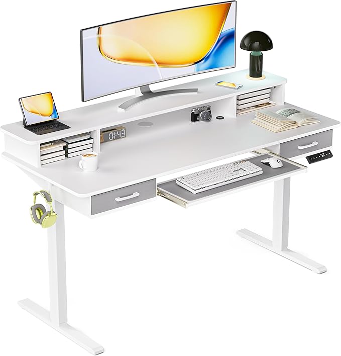 Electric Standing Desk with Keyboard Tray, 55x24 Inches Height Adjustable Stand up Desk with 2 Drawers, Ergonomic Sit to Stand Table with Storage Monitor Stand, White