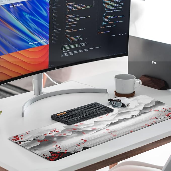 Japanese Cherry Blossom Large Gaming Mouse Pad Sakura Desk Pad Big Mousepad Deskmat Office Decor for Computer 31.5''x11.8'' Desk Organizers and Accessories