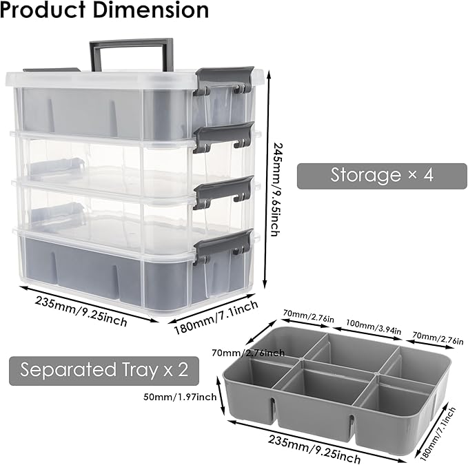 CraftGenes Grey&White Modern Plastic Storage Box - 4-Layer Durable Craft Storage Containers with 2 Removable Trays for Arts & Crafts Supplies, Sewing, Office, Seasonal Decor