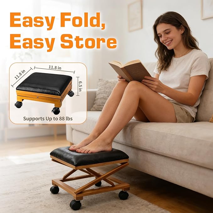 Foot Rest Under Desk, Under Desk Footrest with Adjustable Height & Lockable Wheels, Foot Stool for Home Work Room Comfort