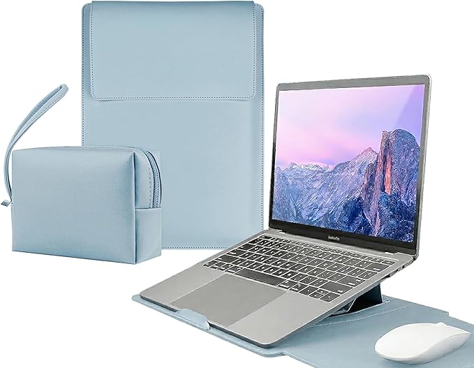 4-in-1 Laptop Sleeve with Stand and Mouse Pad, Faux Leather Protective Case with Accessory Pouch for 13.3-14 Inch Laptops (Sky Blue)