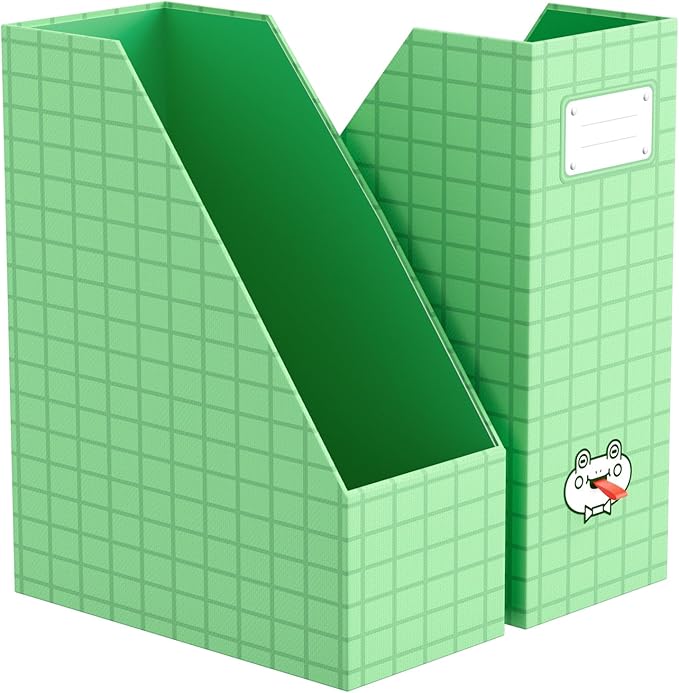 JiaWei Magazine File Holder Foldable Storage Boxes for Documents - Set of 2 Cardboard Magazine Rack Made of 2150 g/m² 10.5 cm Wide，Desk Organizer for Classroom, Home, and Office - Green