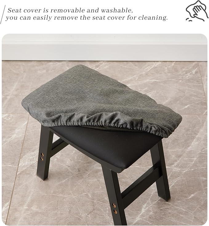 Kitsanery Foot Stool,Ottoman,Bamboo Small Sofa Foot Rest Under Desk,Extra Seating for Living Room, Bedroom and Kitchen (Black Stool Legs - Gray Surface)