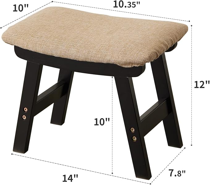 Kitsanery Foot Stool,Ottoman,Bamboo Small Sofa Foot Rest Under Desk,Extra Seating for Living Room, Bedroom and Kitchen (Black Stool Legs - Beige Surface)
