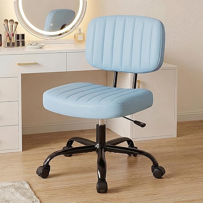 DUMOS Armless Home Office Executive Chair - Small Desk Chair with Low Back Lumbar Support, Height Adjustable PU Leather Computer Task Chair with 360° Swivel Wheels, for Adults, Blue