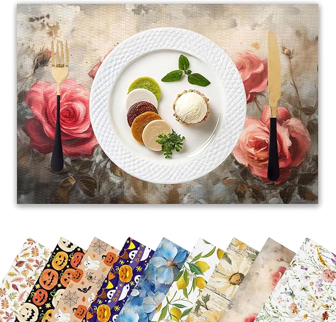 Placemats Set of 4 Waterproof Oilproof Table Mats Vintage Rose Pattern Washable Wipeable Heat Resistant Easy to Clean for Indoor Outdoor Party Kitchen Dining Table Decoration 12 * 18in