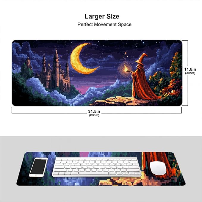 Pixel Art Desk Mat Wizard Magic Moon Mysterious Castle Large Gaming Mouse Mat with Stitched Edges,Non-Slip Waterproof Rubber Base Mous Mat 31.5"x11.8" Office Computer Keyboard Laptop Home