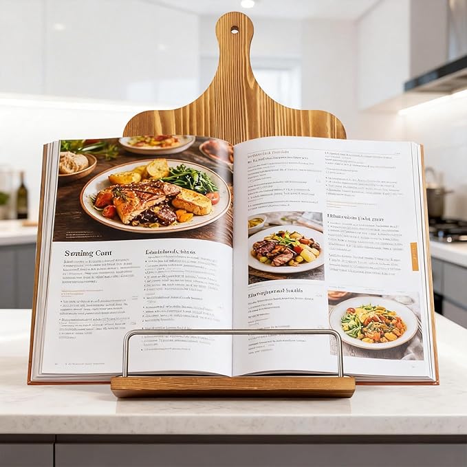 Cookbook Stand for Kitchen Counter Rustic Recipe Book Stand Adjustable iPad Tablet Cookbook Holder for Cooking, Kitchen & Dining Room Brown