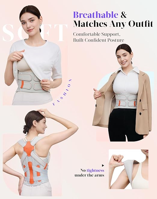 Kepwaa Posture Corrector for Women and Men, 5 Full Back Support Brace Rods, Adjustable Shoulder Straightener, Relief for Upper and Lower Back, Neck, Lumbar, Scoliosis, Hump, Gray, Medium