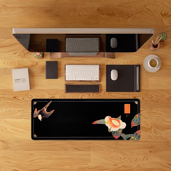 BELLEMOND Japanese Art Desk Mat | Large 31.5x11.8in Anime Mouse Pad for Keyboard & Mouse | Non-Slip Base, Water-Repellent | Original Japanese Design | Camellia Silence