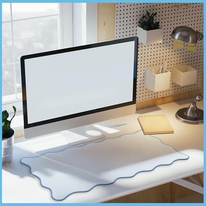 Hahafelt Scalloped Desk Mat Large Desk Pad Cute Coquette Table Mat Aesthetic Preppy Table Make up Pad Nonslip 2026 Graduation Gift with Stitching Waterproof Gaming(Blue,23.6 x 13.8 Inches)