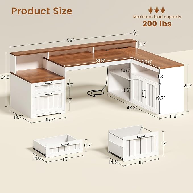 SEDETA Farmhouse L Shaped Desk with Drawers, 59" Office Desk with File Drawers, Wood Corner Computer Desk with Storage Cabinet, Home Office Desk with Monitor Stand & Power Outlets, Brown and White