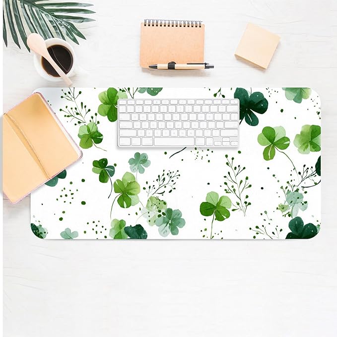 Four-Leaves Clover Mouse Pad PU Leather Lucky Green Desk Mat Large Waterproof Gaming Pad Non-Slip Keyboard Mouse Pad Writing Pad for Gamer Office&Home