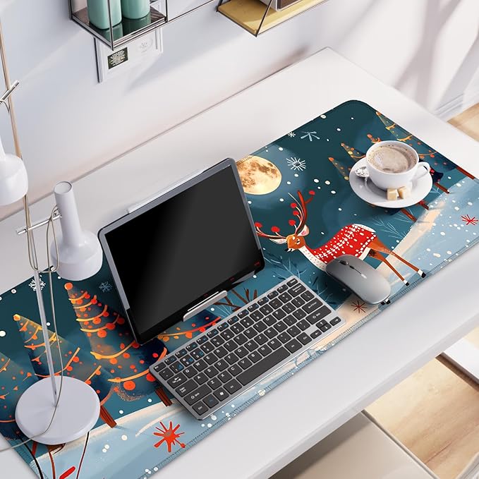 Christmas Reindeer Mouse Pad– Large Extended Desk Mat with Holiday Winter Snow Scene, Non-Slip Base Keyboard Pad for Home Office, Gaming, Workstation,31.5 x 11.8 in